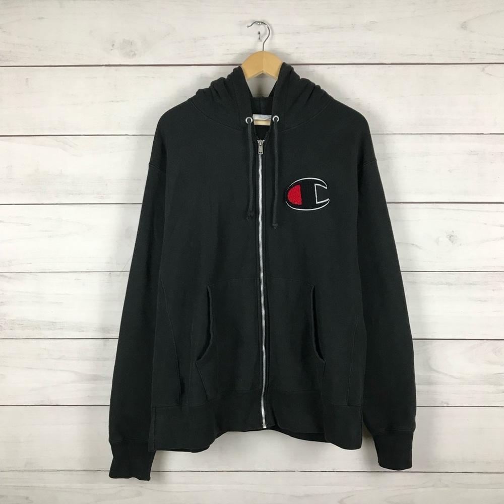 Champion Black Zip-Up Hoodie with Red Logo